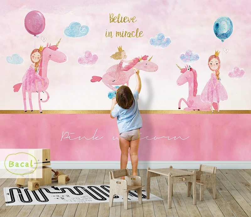 Фотообои на заказ 3D мультфильм животное Розовая лошадь фото обои девушки Детская комната фон настенная живопись детская стена Papper