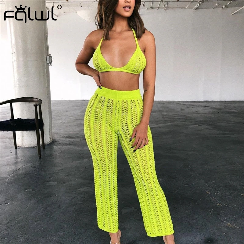 FQLWL الجوف خارج محبوك اثنين من قطعة مجموعة النساء وتتسابق دعوى الكروشيه المحاصيل أعلى و بنطال ذو قصة أرجل واسعة الإناث الصيف الشاطئ مطابقة مجم...