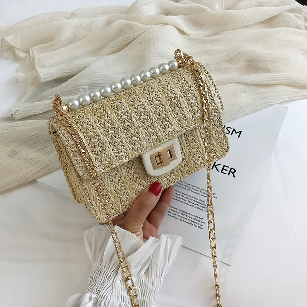 

Women Summer Rattan Bag Handmade Woven Straw Beach Bag Bohemia vacation crossbody sac female pearl handbag totes hasp wicker bag