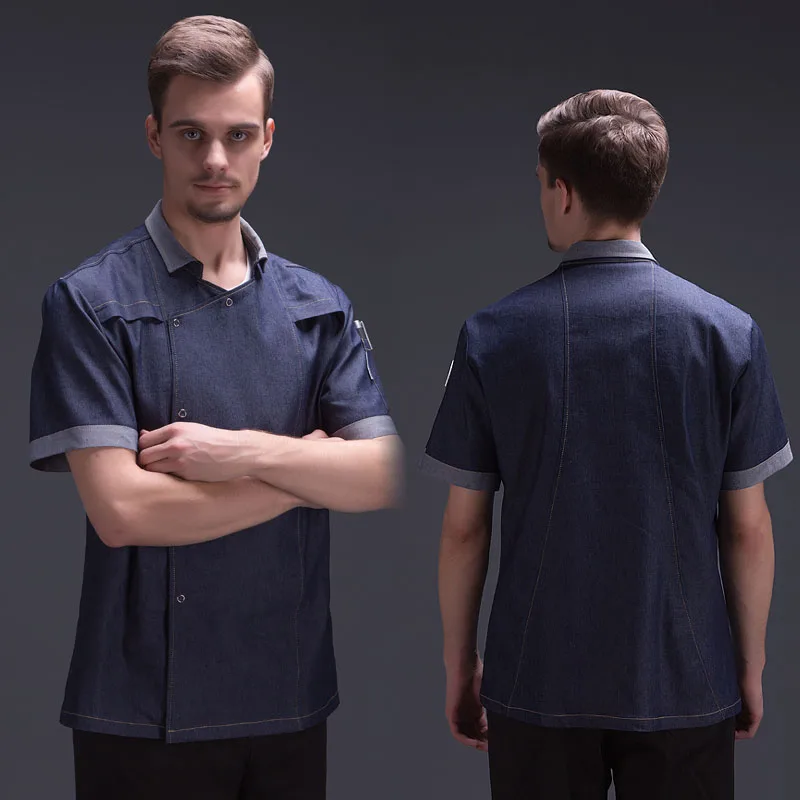 

VIAOLI Summer Thin Short Sleeve Blue Denim Chef Jacket Quality and Durable Hotel Kitchen Fashion Chef Apparel for Men S-4XL