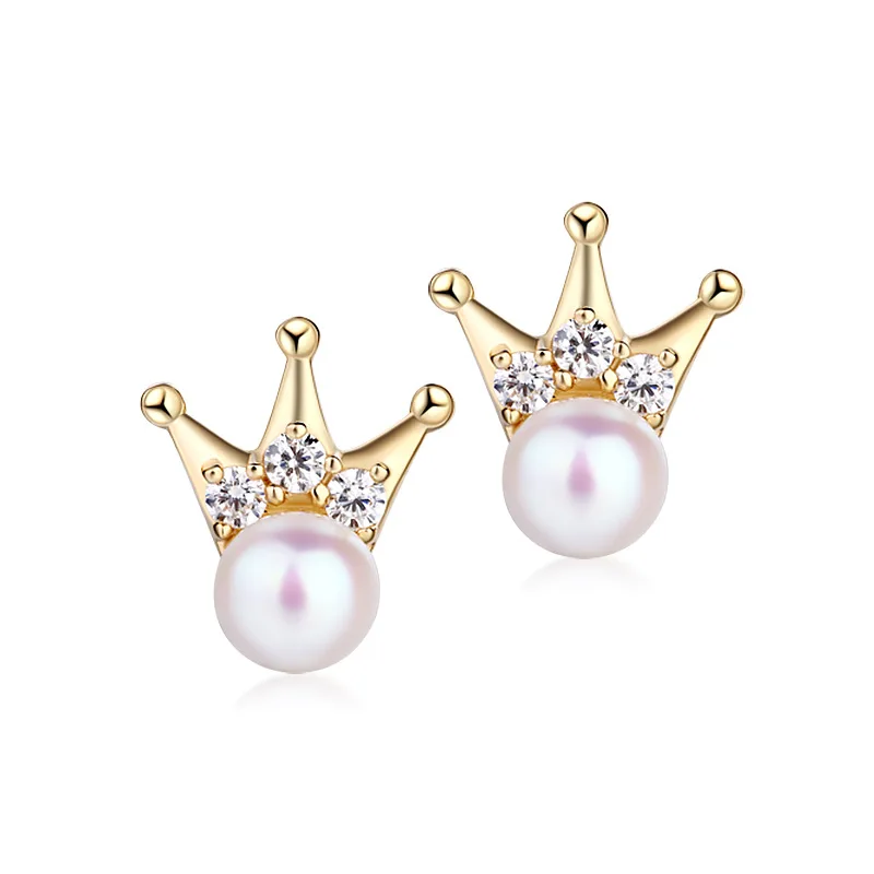 

Trendy 14K Pure Real Yellow Gold Pearl Crown Pierced Earrings for Women Girl Fancy Solid Genuine Crystal Stud Fine Jewelry Gift