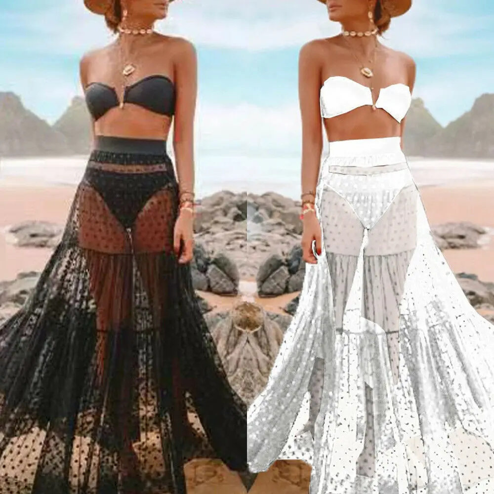 

Summer Women Bikini Cover Up Swimwear Dot Long Skirt High Waist See Through Bikini Cover-Ups Beach Bathing Wear
