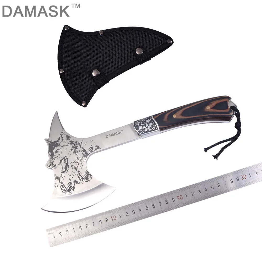DAMASK New Design Camping Axe Wolf Head Print Tomahawk Blade Chopping