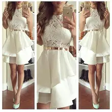 Cocktailkleider 2016 Chic Kurze Kleider Rundhals Venedig Spitze mieder Gold Metall Gürtel Über Knie-kleid Prom kleider