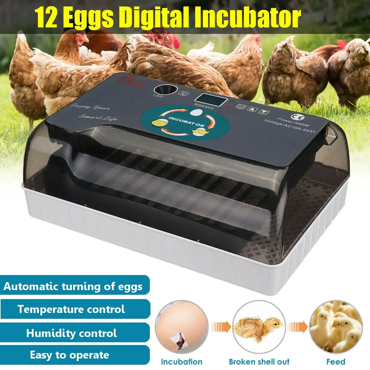 

12 Eggs Hatchery Eggs Incubator Hatcher Digital Temperature Control Brooder for Chicken Duck Bird Pigeons Quail New