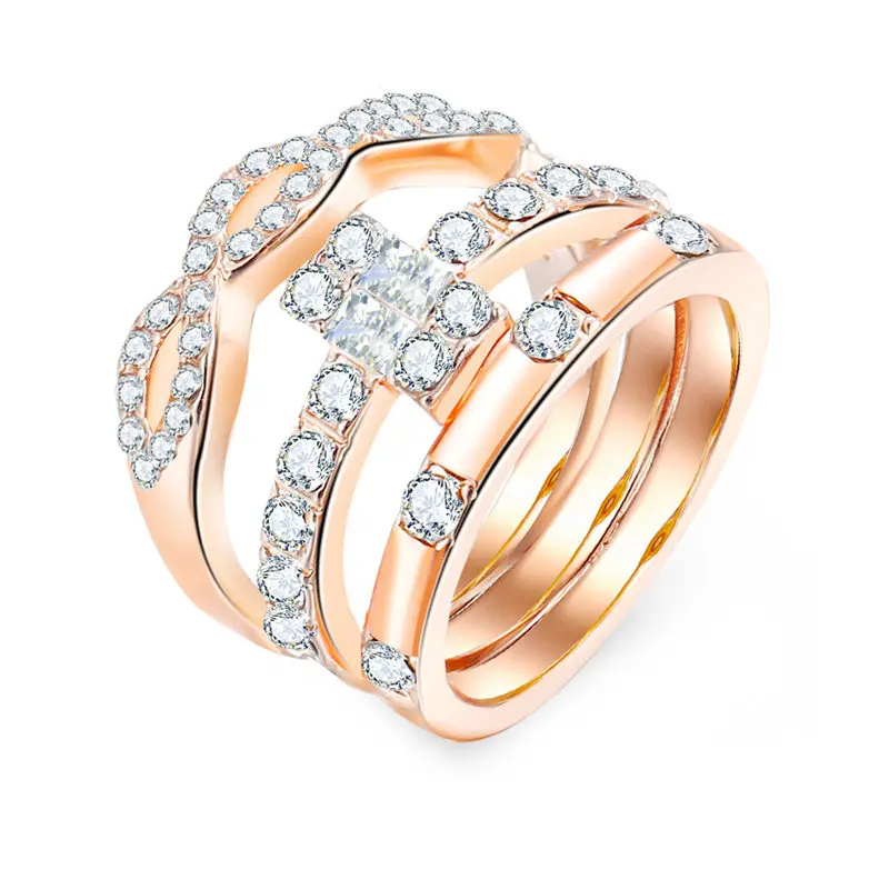 

3Pcs/Set Crystal Rhinestone Rings Set For Women Ring Couples Gold Female Engagement Wedding Jewelry Valentine's Day Gift