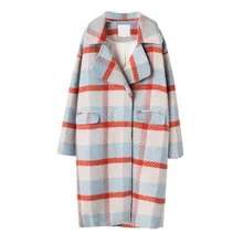 Зимнее женское теплое шерстяное пальто с хлопковой подкладкой, длинное женское Шерстяное Пальто, модная клетчатая куртка больших размеров, верхняя одежда XL~ 5XL