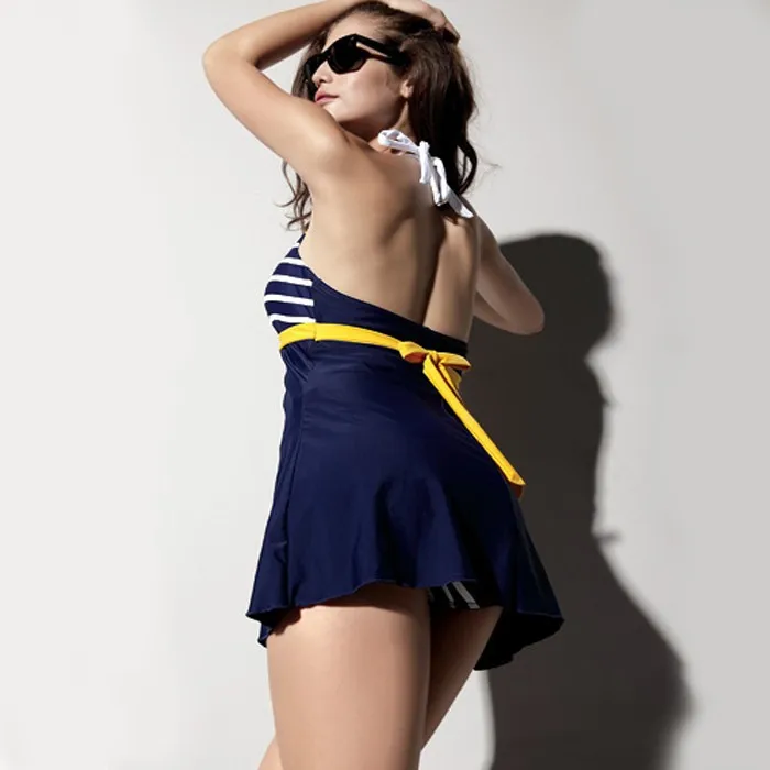 Сексуальный женский цельный купальник с подкладкой, купальник с бретелькой через шею, темно-синяя юбка, Пляжное Платье, купальный костюм, большие размеры M L XL XXL XXXL