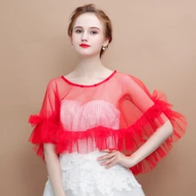 Красный Тюль обёрточная бумага оборками Край Hi-Lo накидка Модные женские летние Шаль Свадебная одежда подружки невесты Свадебные аксессуары ручной работы