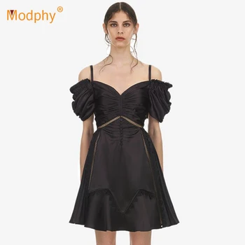 

Women's Satin Silk Short Sleeve Sexy Black Dress Off-Shoulder Spaghetti Pleated Casual Mini A-Line Dress Evening Party Vestidos