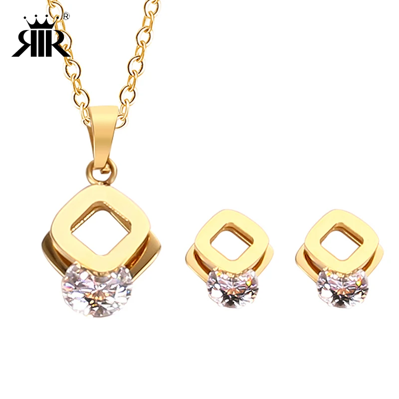 

RIR Elegant Tiny Cubic Zirconia Necklace Stainless Steel Sparkly Bridal CZ Stone Necklace Wedding Engagement Jewelry Sets S011