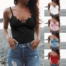 Женская летняя кружевная майка с v-образным вырезом на бретельках с аппликацией, повседневная майка без рукавов, футболка