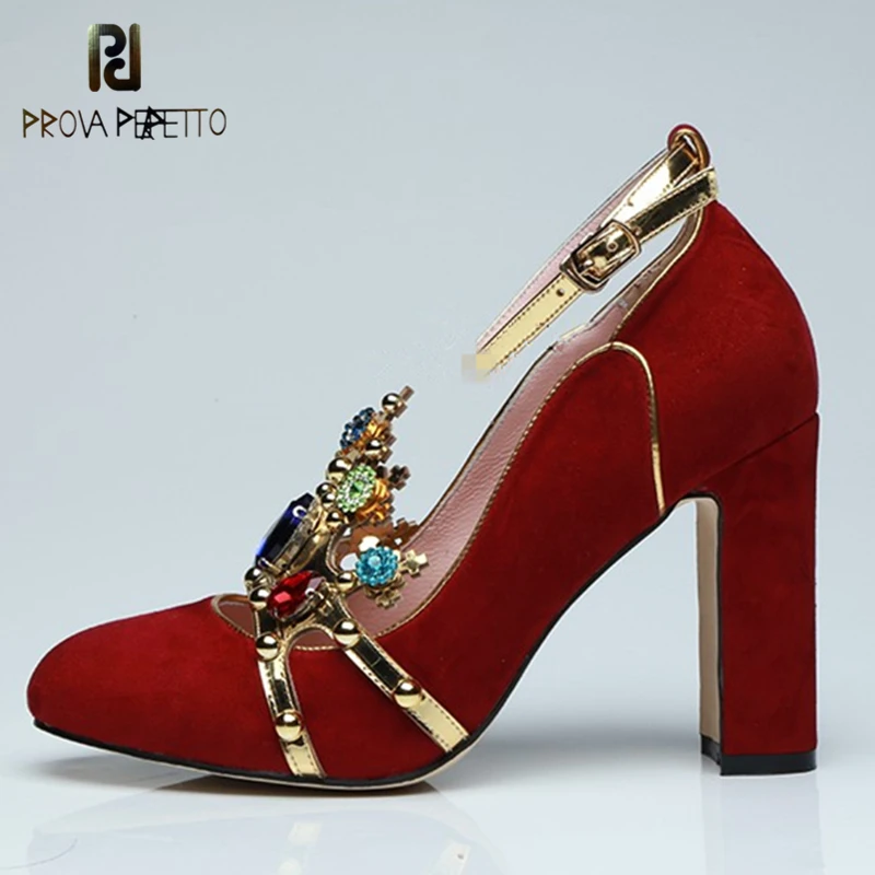 

Prova Perfetto Women Rivets Crystal Bling Pumps Rhinestone High Heel Mary Janes Royal Wedding Shoes Metal Crown Decor High Heels
