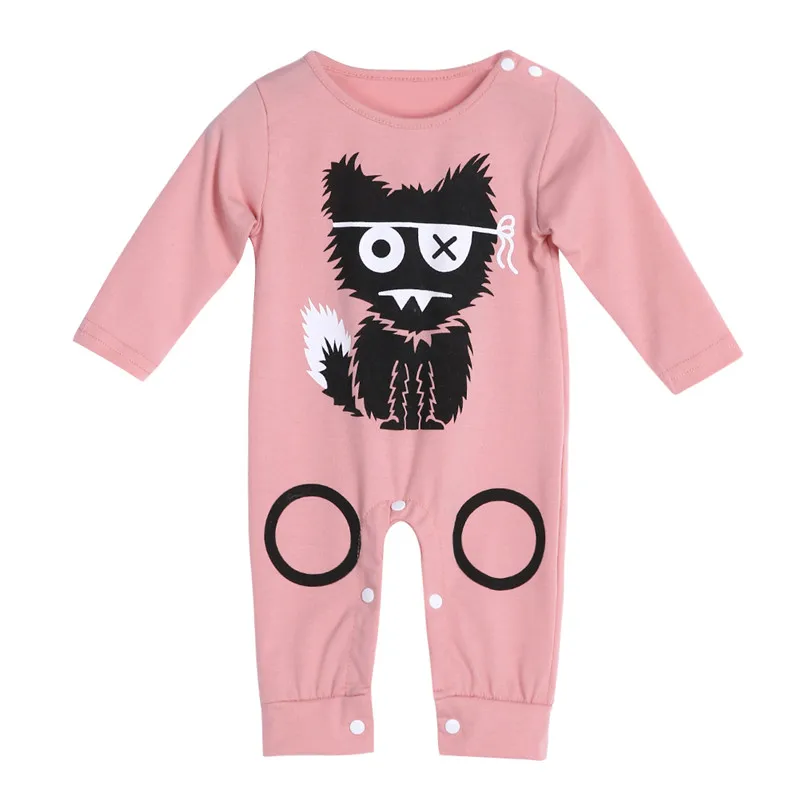 Newborn Baby Long Sleeve Cotton Romper Cloth Cartoon Cat Printing Infant Girls Boys Toddler Pajamas Clothing  pink