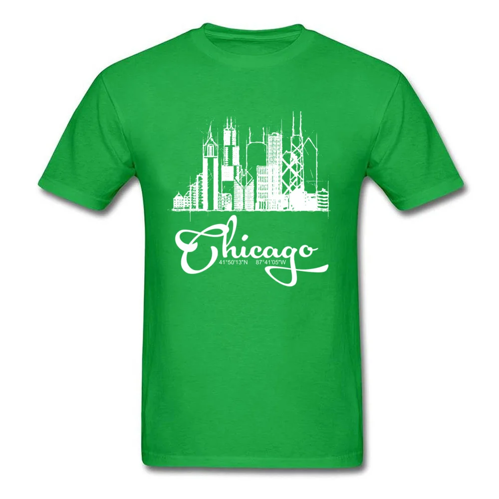 Design Pure Cotton Male Short Sleeve Tops Shirt Summer Summer/Autumn Top T-shirts Printed On Tee-Shirt Family Crewneck Chicago skyline sketch and GPS coordinates tee green