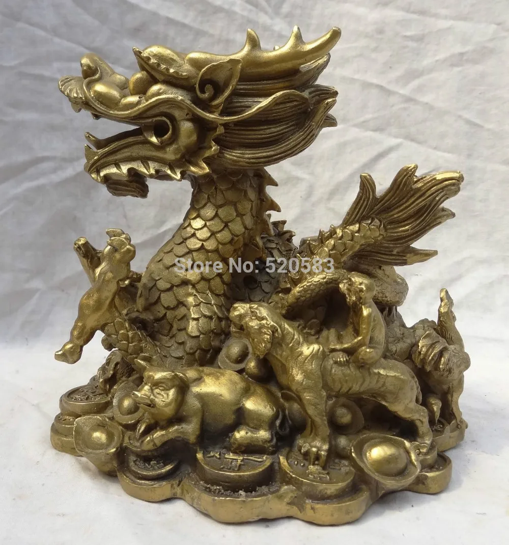 

8" Chinese 12 Zodiac Brass Wealth YuanBao Coin Myth Fly Dragon Statue Animals