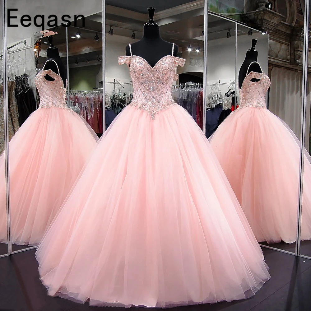 Роскошные розовые Бальные платья с кристаллами и бисером, длинное бальное платье для выпускного вечера, милое 16 платье Vestidos de Debutante