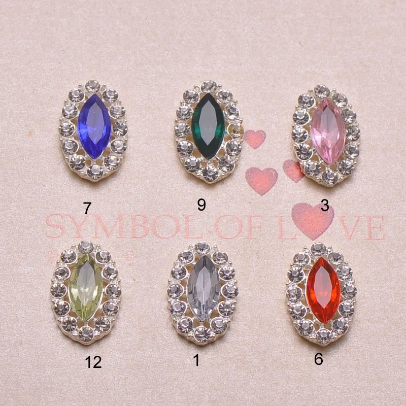 

(J0072) 15mmX23mm rhinestone metal button,silver plating,flat back, 6 colors for choose,acrylic beads in middle,100pcs/lot