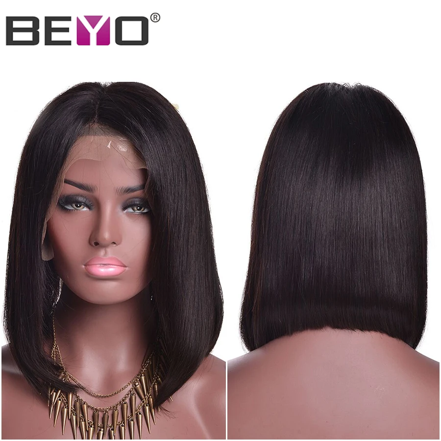 Beyo 150% короткие парики из натуральных волос парики для черный Для женщин бразильские прямые волосы Синтетические волосы на кружеве парик 13X6 кружева парик с детскими волосами Волосы remy