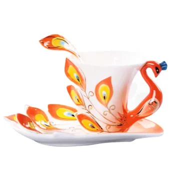 

Colorful Creative 3D Hand Crafted Porcelain Enamel Peacock Coffee Cup Set with Saucer and Spoon Ceramic Wedding Birthday Gift