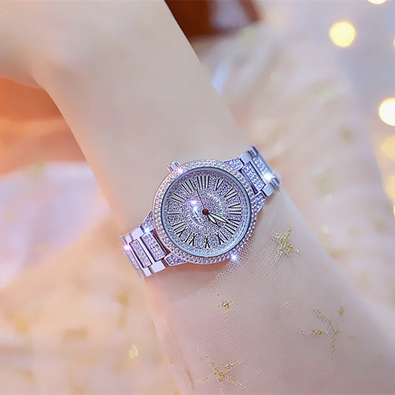 Новые лучшие продажи браслет часы римские цифры полный горный хрусталь циферблат серебро золото женские часы хронограф Мода и повседневное