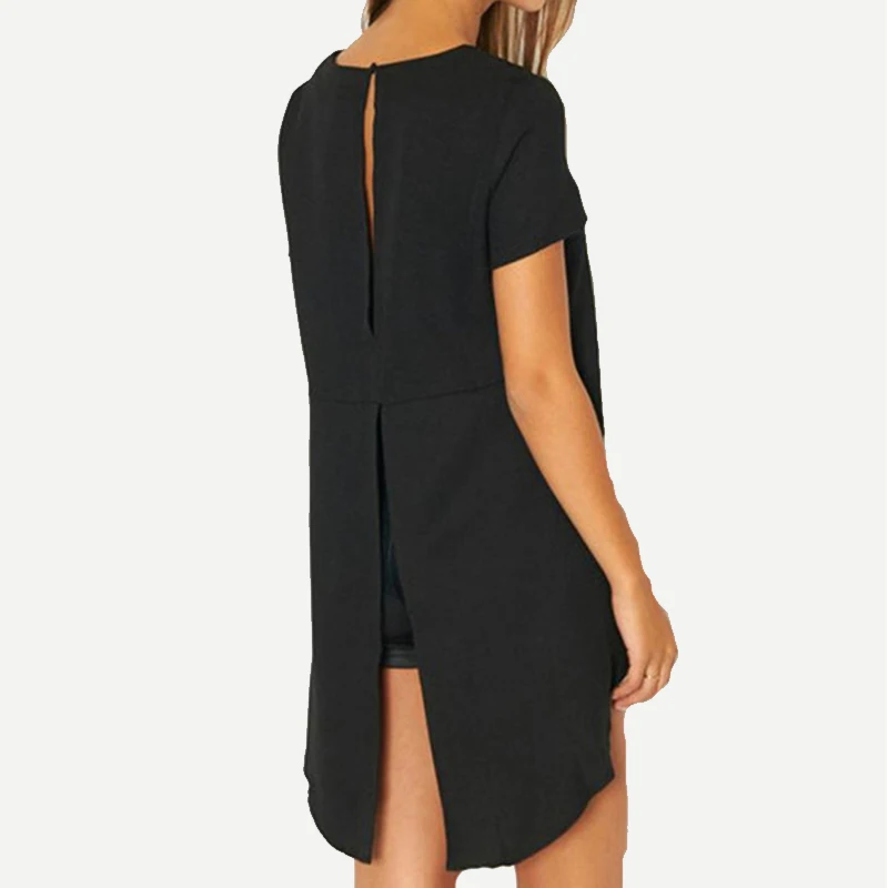 Black Irregular Back Cut Solid Women Blouses Short Sleeve O-neck Black Women Shirts 2019 Spring Casual Fashion Loose Women Tops