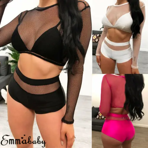 

2019 New Women Crochet Fishnet Mesh Swimwear Summer Beach Sheer Bikini Cover Up+Bottom