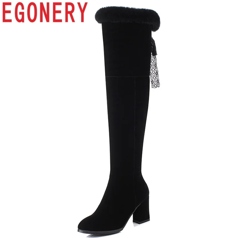 

EGONERY zapatos mujer 2018 winter new fashion black flock shoes women high hoof heels zip cross-tied outside over knee boots