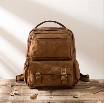 

ALAVCHNV Original Retro Men's Personality The first layer Leather Large capacity Backpack Leather Men's Schoolbag 2072