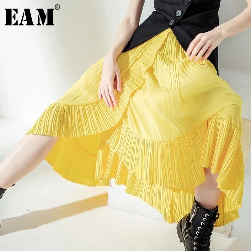 

[EAM] 2019 New Spring Summer High Elastic Waist Yellow Pleated Ruffles Irregular Half-body Skirt Women Fashion Tide JT207