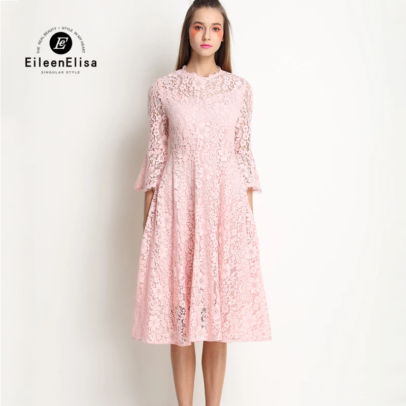 Cute Summer Dress 2017 Women Pink Lace Dress Long Sleeve New Arrive Spring Lace Dress
