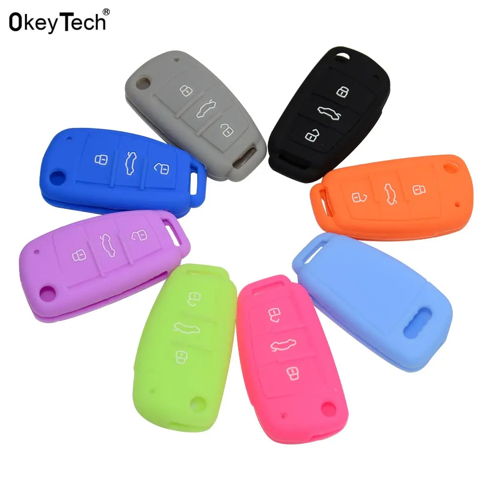 

Okeytech Silicone Car key cover Case For audi a4 b6 a3 a6 c5 c6 b8 b7 q5 b5 q7 3 Button remote auto folding Flip Key Blanks case