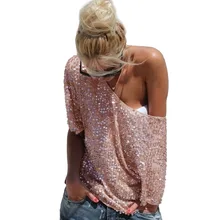 HOT New 2017 Fashion Women Sexy Loose Off Shoulder Sequin Glitter Blouses Summer Casual Shirts Vintage Streetwear Party Tops