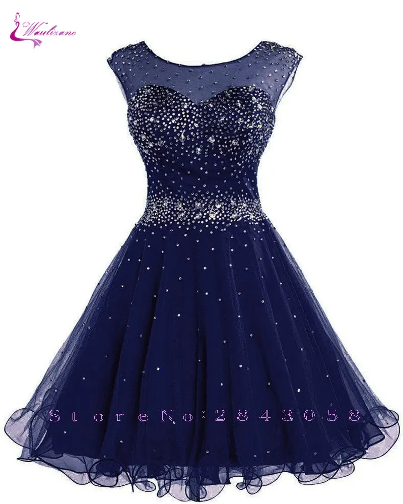 Waulizane очаровательное милое короткое ТРАПЕЦИЕВИДНОЕ платье для выпускного вечера с открытыми плечами, украшенное бисером и кристаллами, без рукавов, длиной до колена, торжественное платье - Цвет: navy blue
