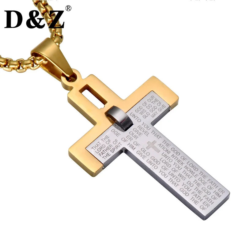 

D&Z Gold Color Two Tone Bible Cross Pendant Necklace Titanium Stainless Steel Crucifix Necklaces for Christian Jewelry