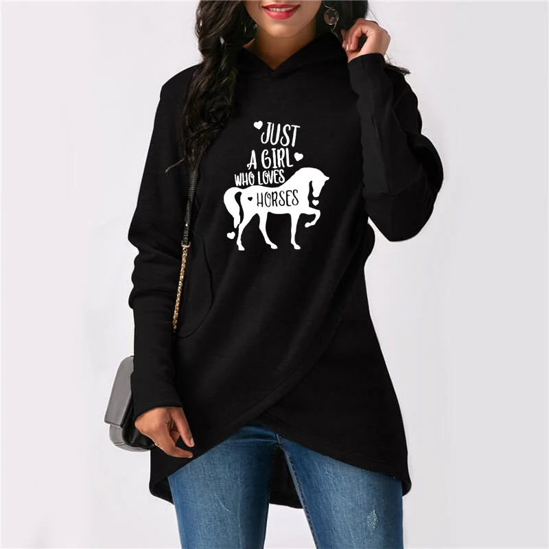 Just a Girl Who Loves Horses Print Hoodies Women Irregular Sweatshirts Femmes Horse Lover Gift Sweet Long Sleeve Autumn Tops