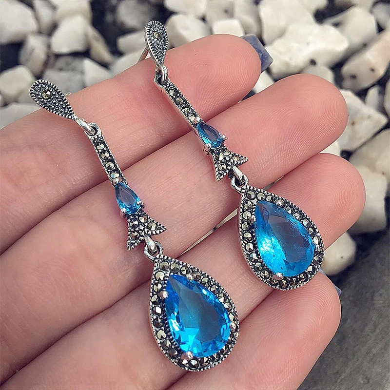 Exquisite Water Drop Gem Crystal Pendant Long Earrings Female Party Wedding Silver Earring Set ...
