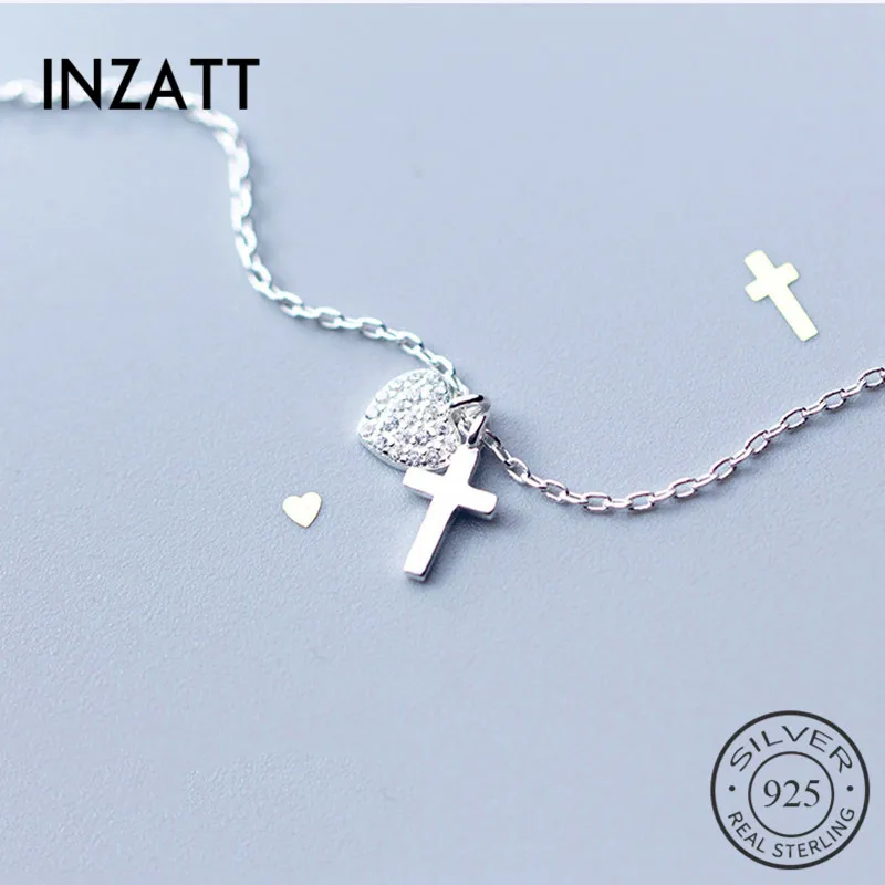 INZATT Real 925 Sterling Silver Zircon Heart Cross Pendant Choker Necklace For Fashion Women Fine Jewelry Cute Accessories