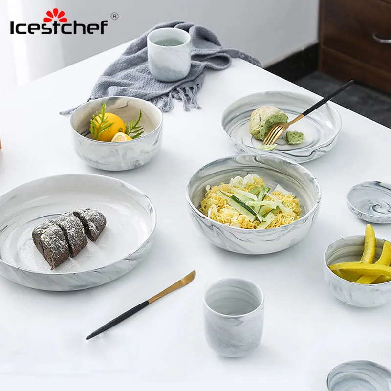 

ICESTCHEF Marble Ceramic Tableware Set Porcelain Breakfast Plates Dishes Noodle Bowl Dinner Tableware