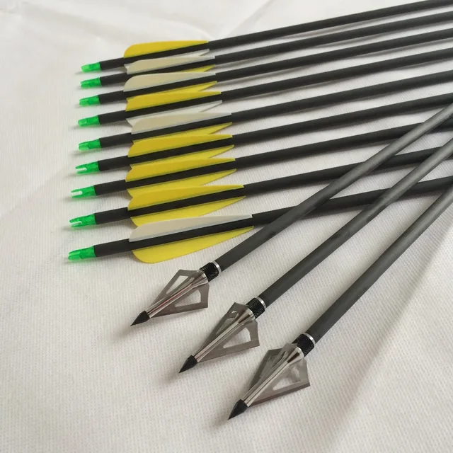 12PCS/Lot 30" Carbon Arrows And 100 Grain Silver Steel Arrowheads Used