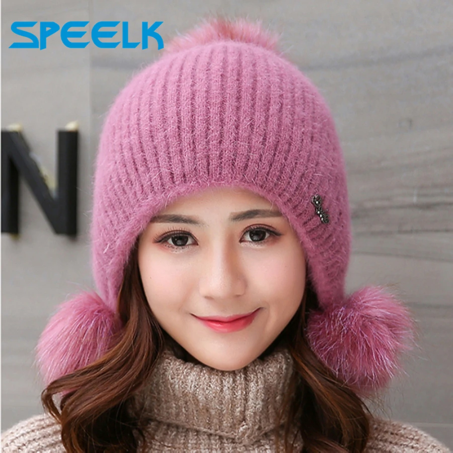 

Rabbit Plush Hats Women Winter Fashion Beanies Sweet Cute Hedging Cap Velvet Wool Hat Student Hair Ball Caps Warm Knit Hat