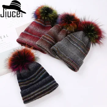 

autumn and winter new colored wool knitted caps, ladies' raccoon, real hair ball students, ear protection knitted hat tide.