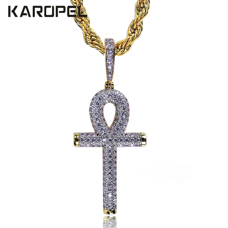 

Karopel Maxi Hip Hop Bling Rope Mens Chain AAA Cubic Zirconia Ankh Key Of Life Charm Prong CZ Necklace