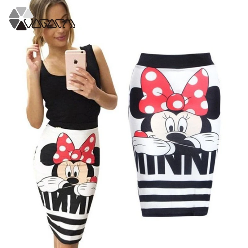 

Summer Sexy Women Skirts Minnie Mickey Mouse Cartoon Slim Midi Skirts High Waist Plus Size Club Street Package Hip Skirt