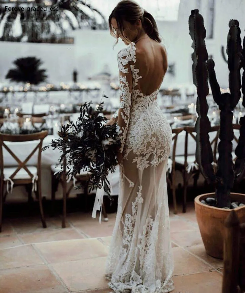 Русалка открытой спиной Boho свадебный наряд с длинными рукавами кружева страны сад свадебные платья плюс размер на заказ