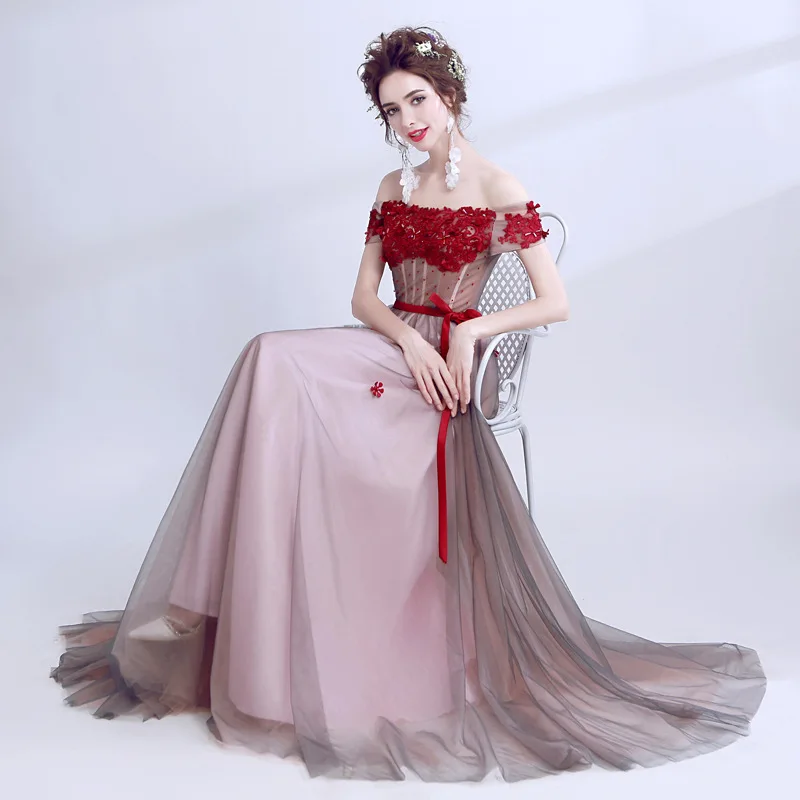 

2019 New Young Mom Carmine Red Long Paragraph Shoulder Tulle Flowers Gentle Elegant Wedding Dress