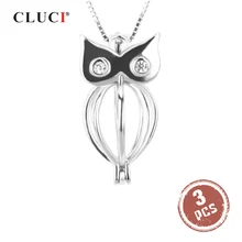 CLUCI 3 шт серебро 925 Сова клетка кулон Для женщин Роскошные циркониевая Подвеска 925 пробы серебряный медальон из жемчуга