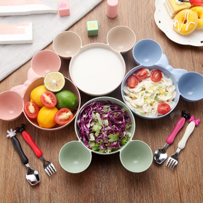 ideacherry Bamboo Baby Tableware Kid Cartoon Divided Bowl Food Grade ECO Children Plate Baby Feeding Dinnerware Eating Food Dish