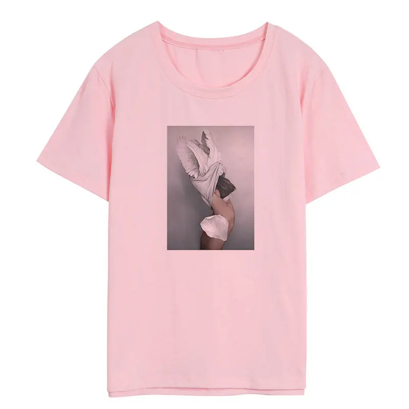 

Pink Summer Arrivals Fashion Art Aesthetics Harajuku Cool Flowers Feather Print Casual Vintage T Shirt Women Tee Shirt Femme