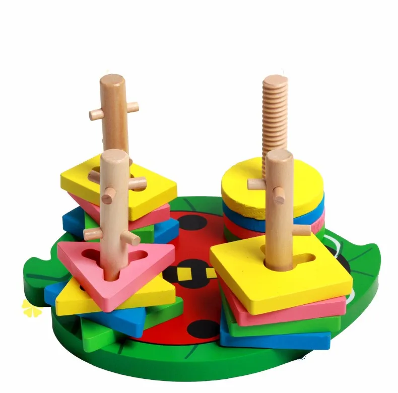 Набор деревянных блоков с изображением божьей коровки, колонки для детей, подходящие по форме и цвету игрушки для детей, Деревянные Игрушки для раннего развития, подарок